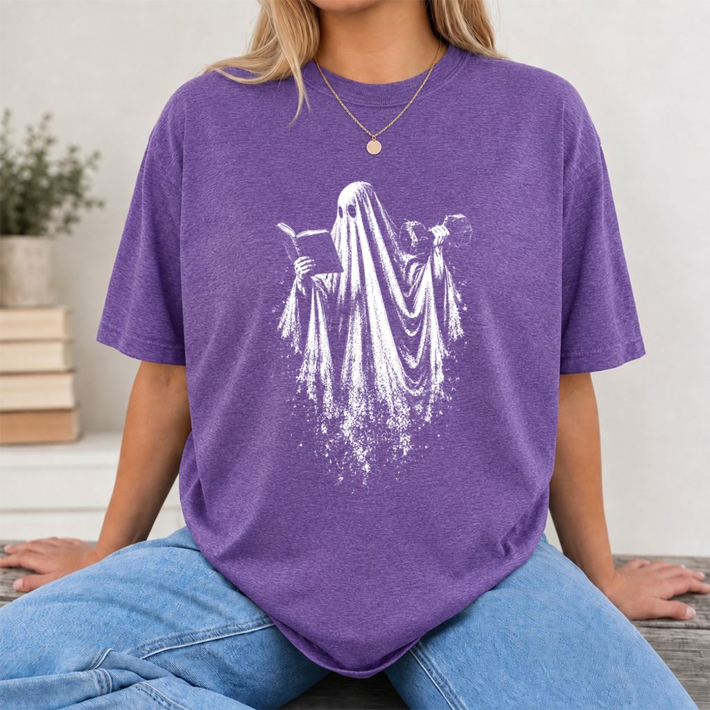Reading Gym Ghost Printed T-Shirt | Halloween Book Lover Gift Heather Purple