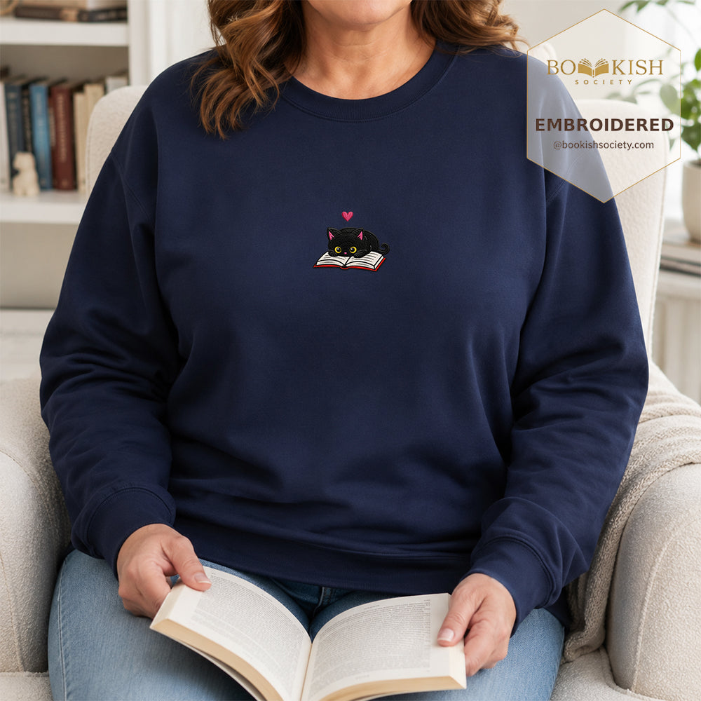 Black Cat and Book Embroidered Sweatshirt | Reader Gift Navy