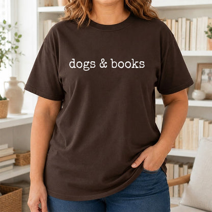 Dogs & Books Sport Cotton T-Shirt | Dog Lover & Reader Gift Dark Chocolate