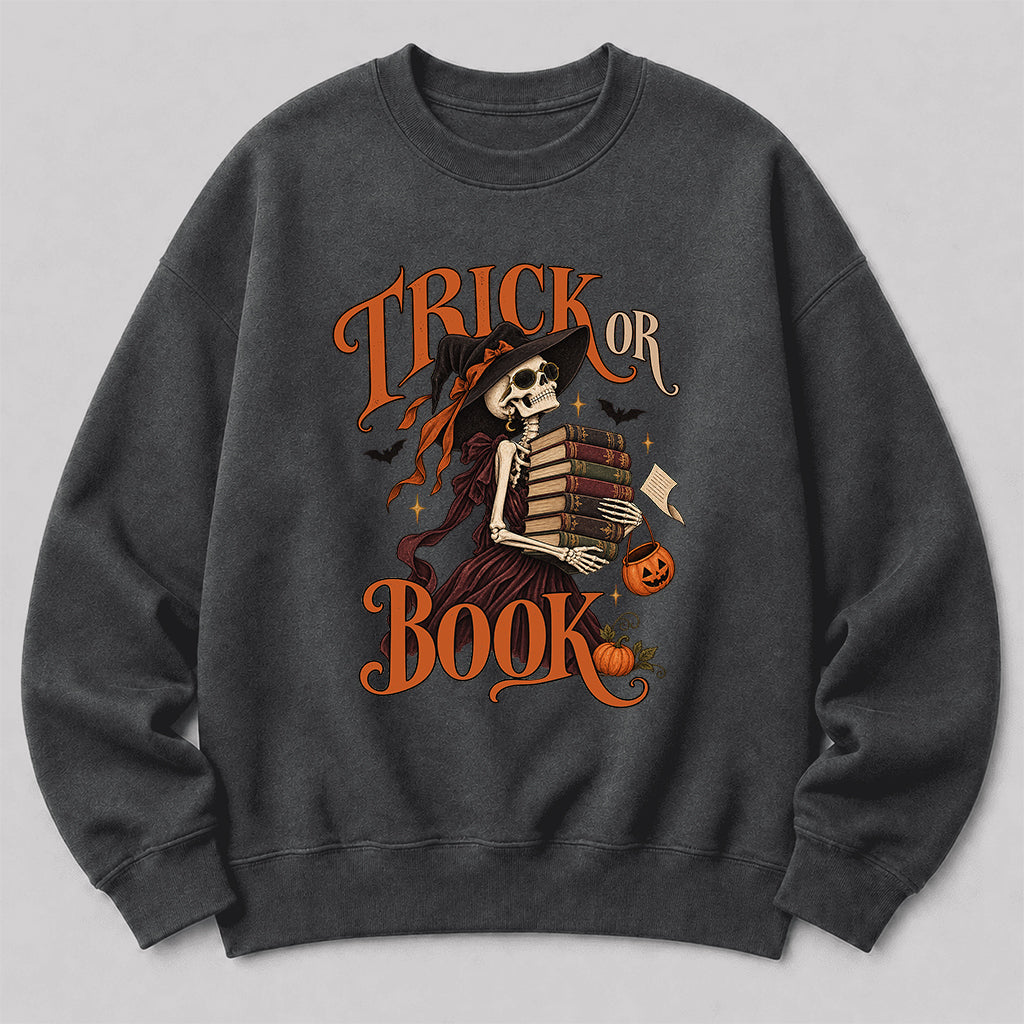 Trick Or Book Printed Sweatshirt | Halloween Book Lover Gift Dark Heather
