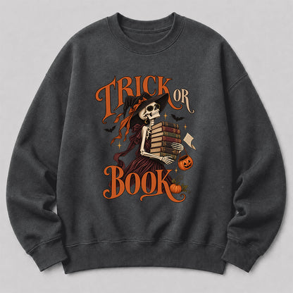 Trick Or Book Printed Sweatshirt | Halloween Book Lover Gift Dark Heather