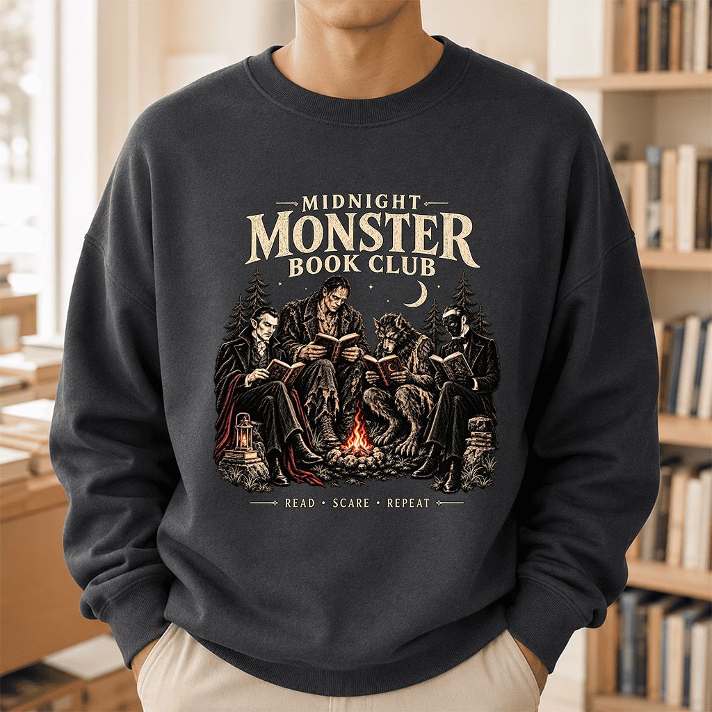 Midnight Monster Book Club Printed Sweatshirt | Halloween Book Lover Gift Dark Heather