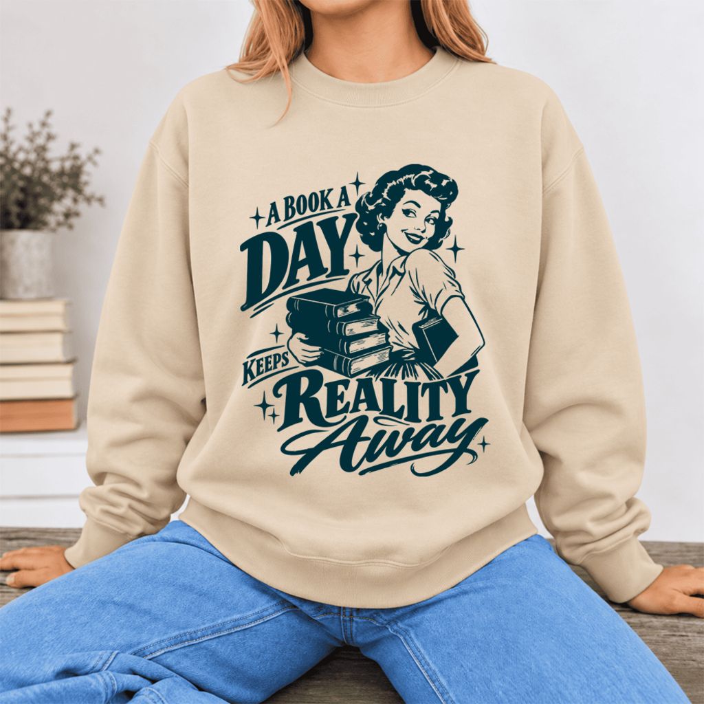 A Book A Day Keeps Reality Away Softstyle Sweatshirt | Cozy Book Lover Gift Sand