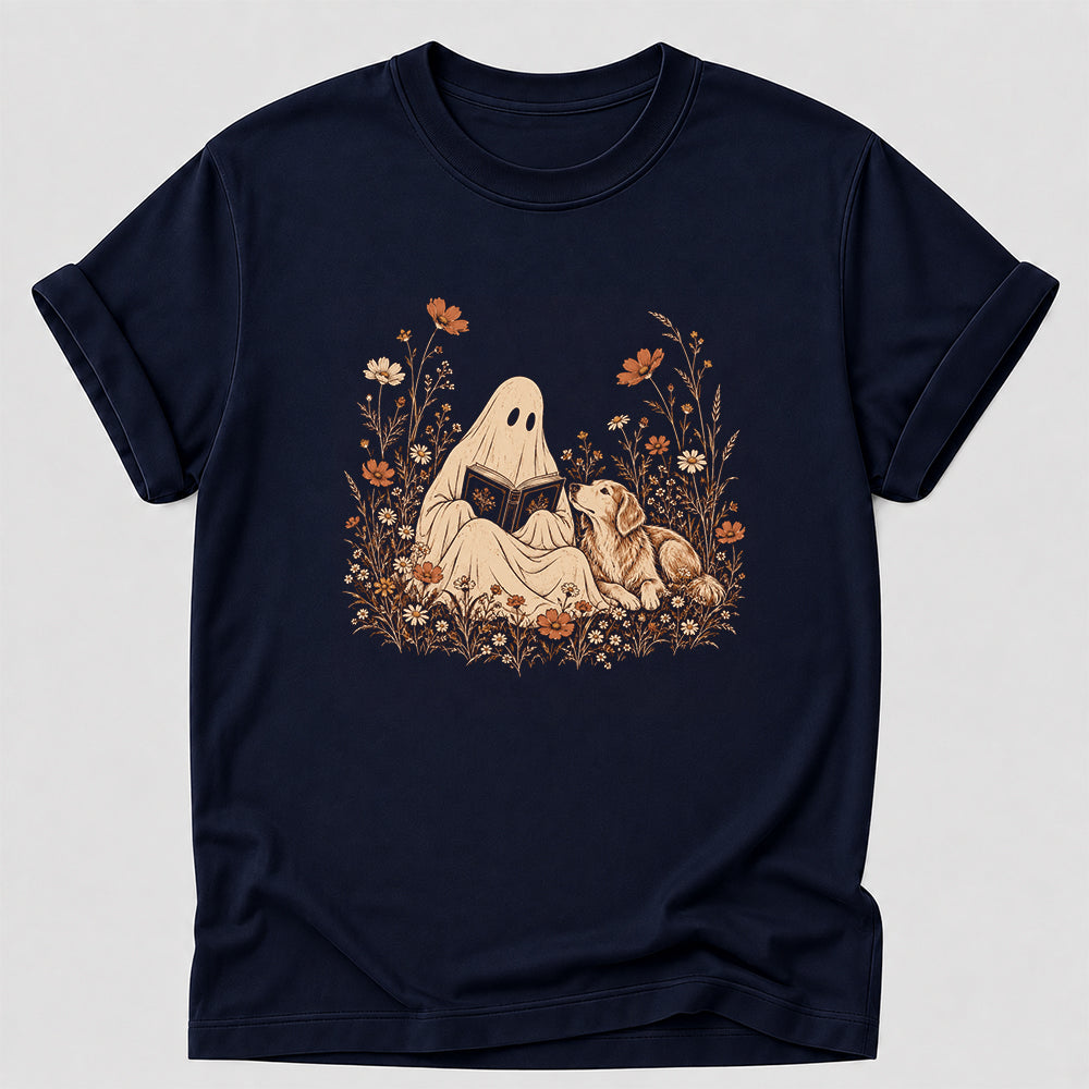 Ghost Wildflowers With Book And Golden Retriever Printed T-Shirt | Halloween Dog Lover Gift Navy