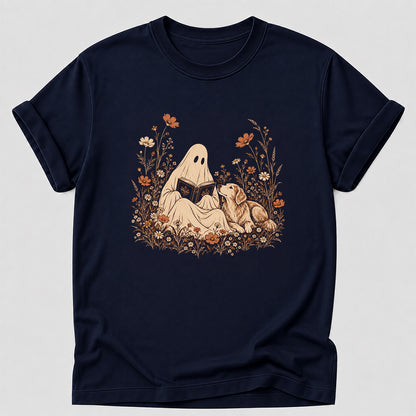 Ghost Wildflowers With Book And Golden Retriever Printed T-Shirt | Halloween Dog Lover Gift Navy