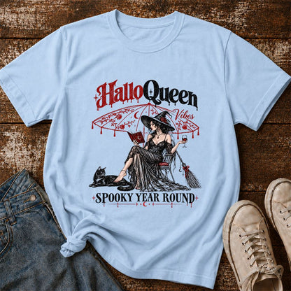 Halloqueen Spooky Year Round Printed T-Shirt | Halloween Book Lover Gift Light Blue