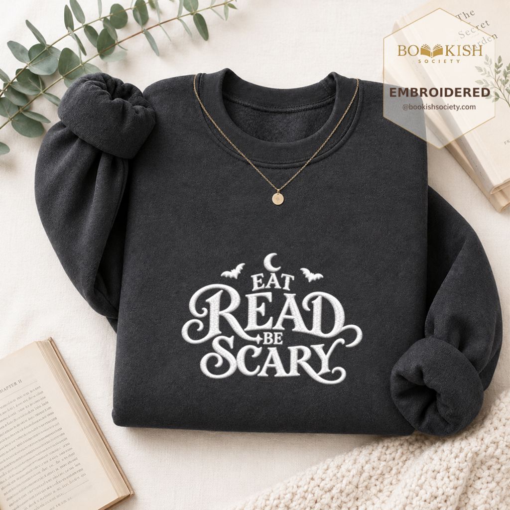 Eat Read Be Scary Embroidered Sweatshirt | Halloween Book Lover Gift Dark Heather