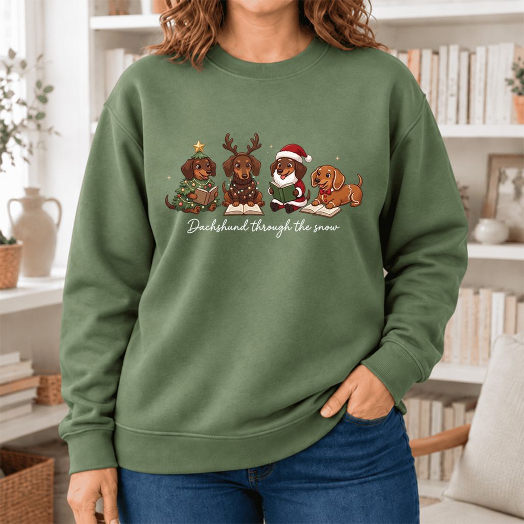 Dachshund Through The Snow Softstyle Sweatshirt | Christmas Book Lover Gift Military Green