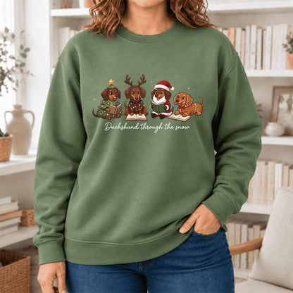 Dachshund Through The Snow Softstyle Sweatshirt | Christmas Book Lover Gift Military Green