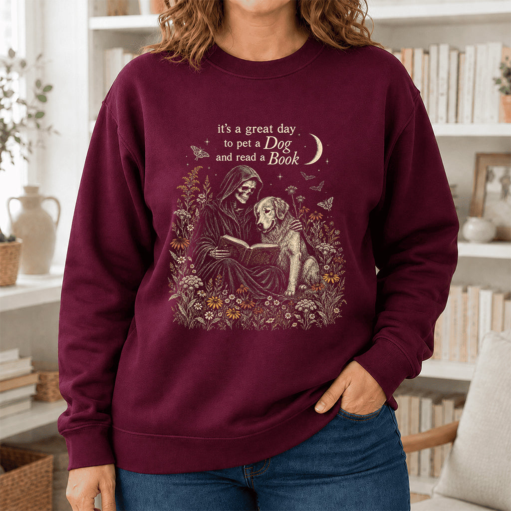 It's A Great Day To Pet A Dog And Read A Book Crewneck Sweatshirt | Gift Maroon