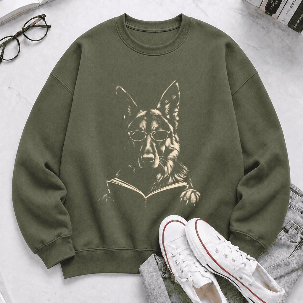 German Shepherd Reading Book Crewneck Sweatshirt | Reader Gift Military Green