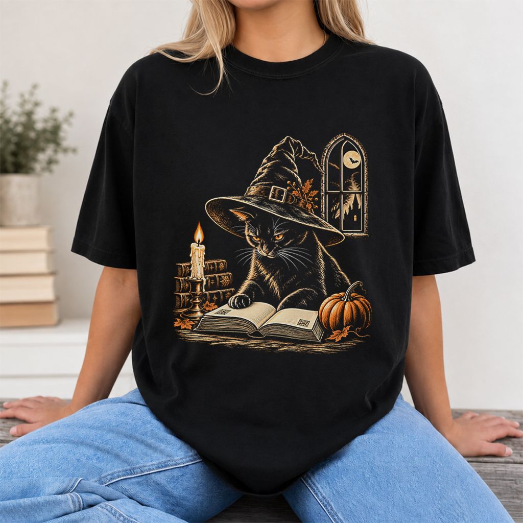 Reading Black Cat Witch Printed T-Shirt | Halloween Book Lover Gift Black