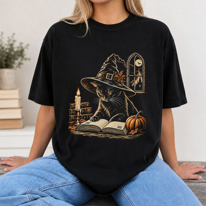 Reading Black Cat Witch Printed T-Shirt | Halloween Book Lover Gift Black