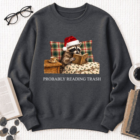 Probably Reading Trash Raccoon Softstyle Sweatshirt | Christmas Reader Gift Dark Heather
