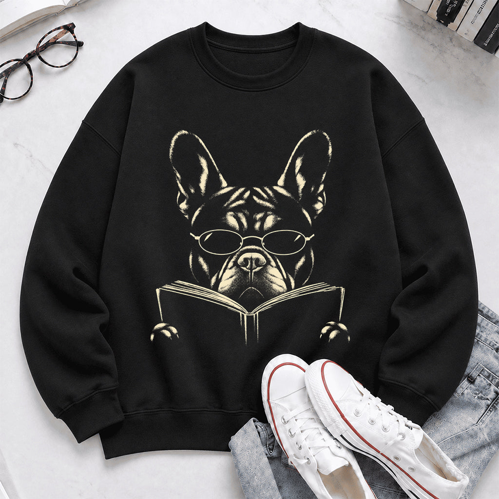 French Bulldog Reading Book Crewneck Sweatshirt | Reader Gift Black