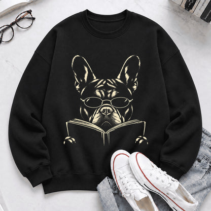 French Bulldog Reading Book Crewneck Sweatshirt | Reader Gift Black