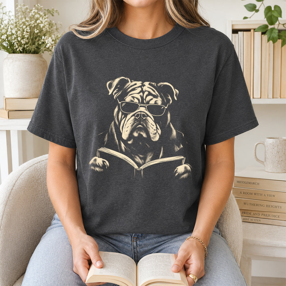 Bulldog Reading Book Softstyle T-Shirt | Book Lover Gift Dark Heather