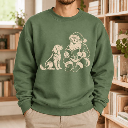 Funny Dog With Reading Santa Softstyle Sweatshirt | Christmas Book Lover Gift Military Green