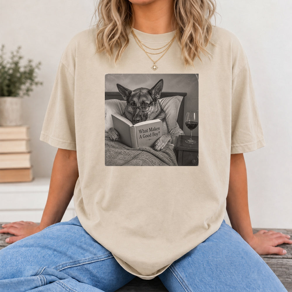 What Makes A Good Boy Printed T-Shirt | Cozy German Shepherd Mom Reader Gift Sand