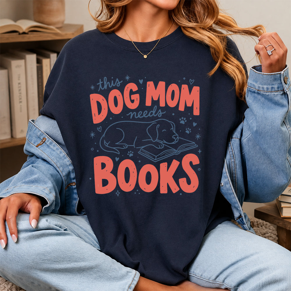 Dog Mom Needs Books Cotton T-Shirt | Dog Lover & Reader Gift Navy