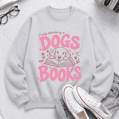 Easily Distracted By Dog And Books Crewneck Sweatshirt | Dog Lover & Reader Gift Sport Grey