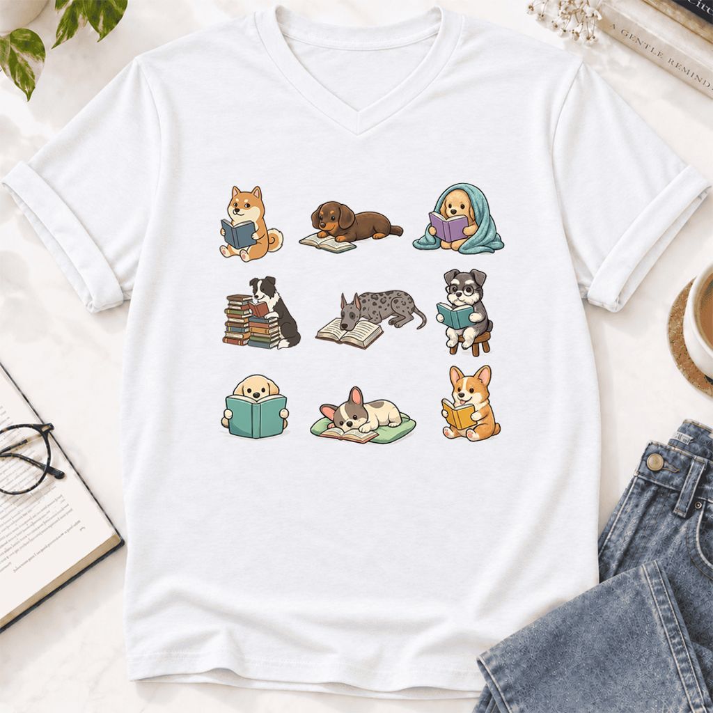 Funny Reading Dogs Ultra-Soft V-Neck | Dog Mom Reader Gift White
