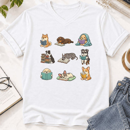 Funny Reading Dogs Ultra-Soft V-Neck | Dog Mom Reader Gift White