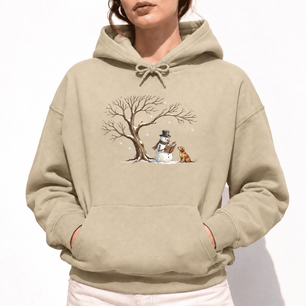 Golden Retriever And Snowman Under Tree Softstyle Hoodie | Christmas Reader Gift Sand