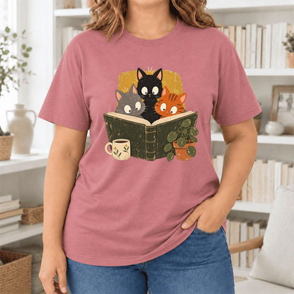 Curious Reading Cats Ultra-Soft Cotton T-Shirt | Cat Lover Reader Gift Mauve