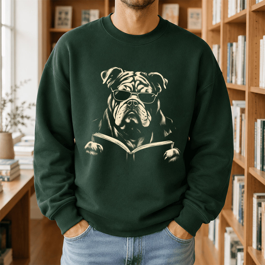 Bulldog Reading Book Crewneck Sweatshirt | Reader Gift Forest Green
