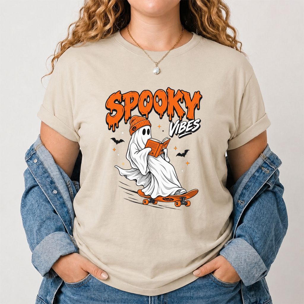 Spooky Vibes Printed T-Shirt | Halloween Book Lover Gift Sand