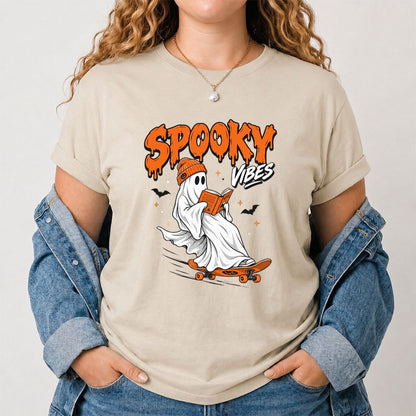 Spooky Vibes Printed T-Shirt | Halloween Book Lover Gift Sand