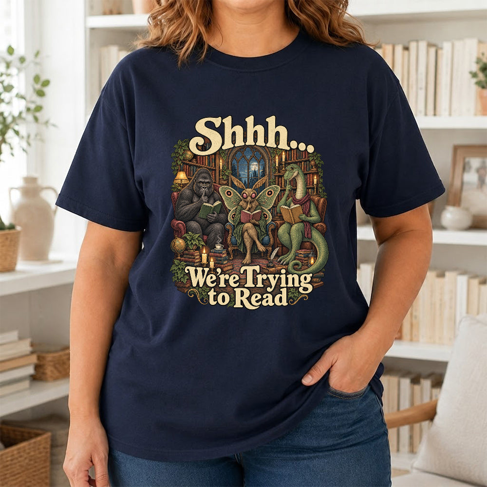 Shh... We Trying To Read Cotton T-Shirt | Midnight Reader Gift Navy