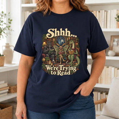 Shh... We Trying To Read Cotton T-Shirt | Midnight Reader Gift Navy