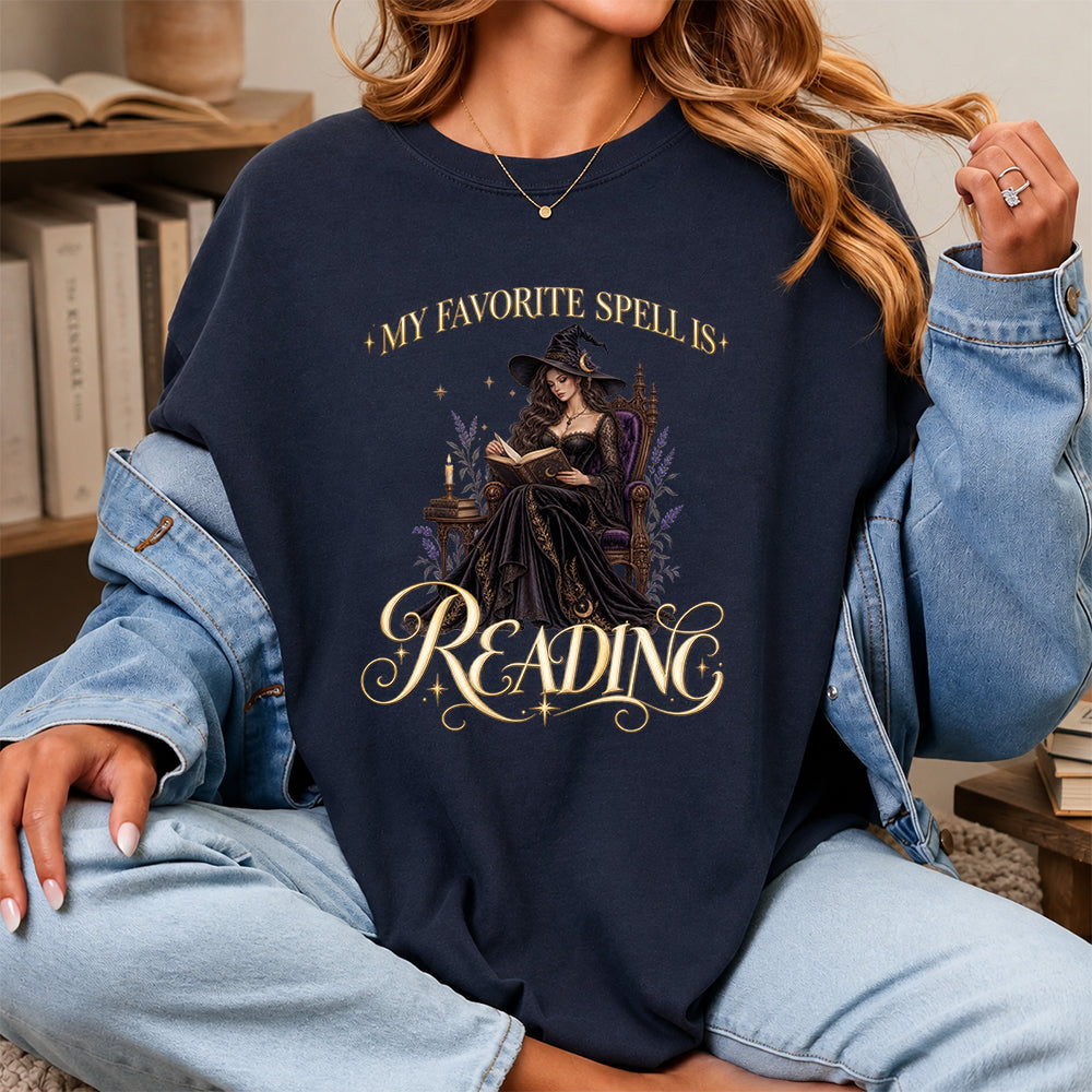 My Favorite Spell Is Reading Printed T-Shirt | Halloween Fantasy Book Lover Gift Navy