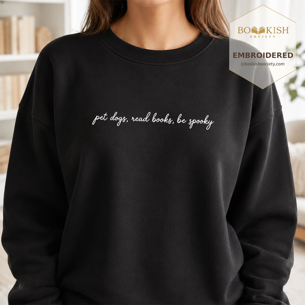 Pet Dogs, Read Books Embroidered Sweatshirt | Halloween Reader Gift Black