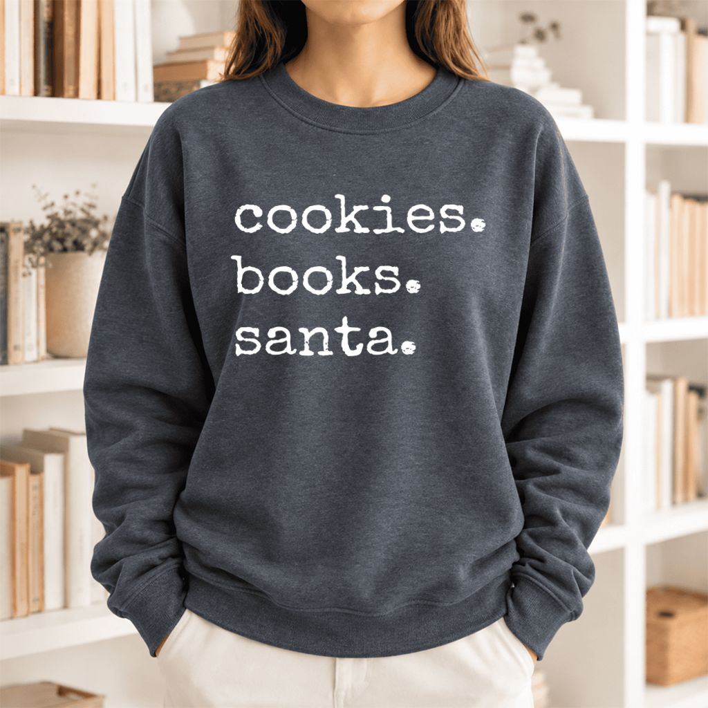 Cookies Books Santa Softstyle Sweatshirt | Christmas Book Lover Gift Dark Heather