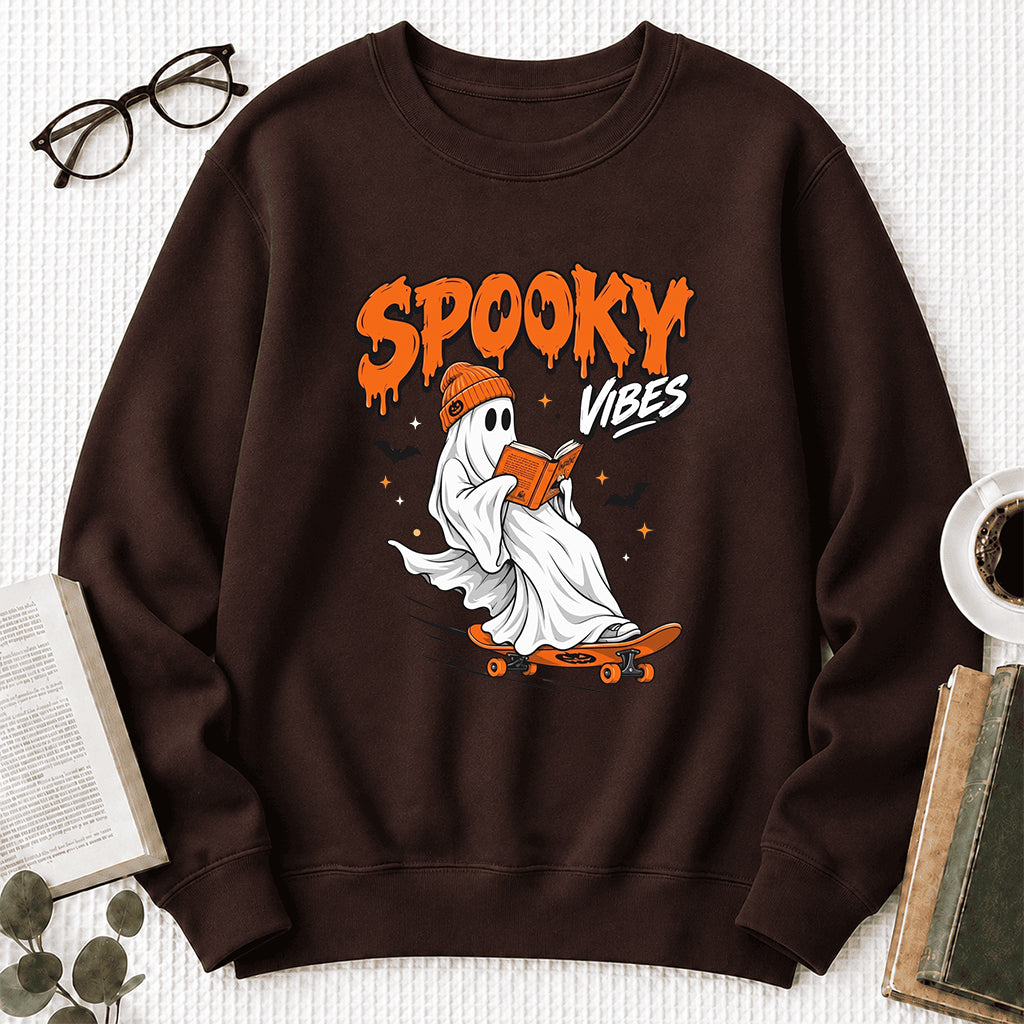 Spooky Vibes Printed Sweatshirt | Halloween Reader Gift Dark Chocolate