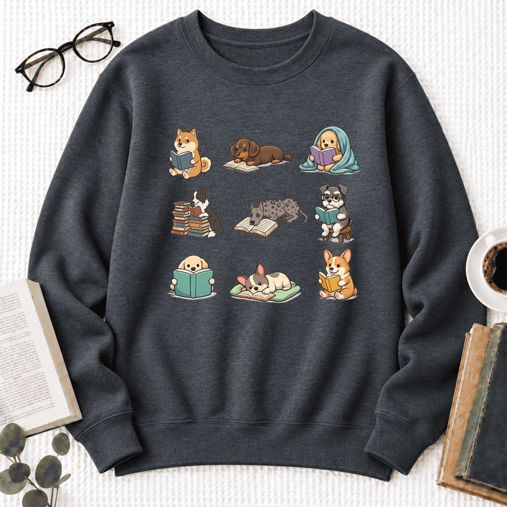 Funny Reading Dogs Embroidered Sweatshirt | Dog Mom Reader Gift Dark Heather