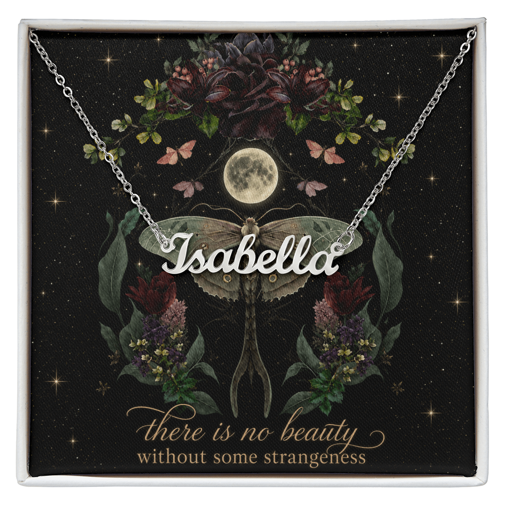 Night Garden With Lunar Moth Custom Name Polished Stainless Steel Necklace With Decorative Card And Box Book Lover Gift Font 1