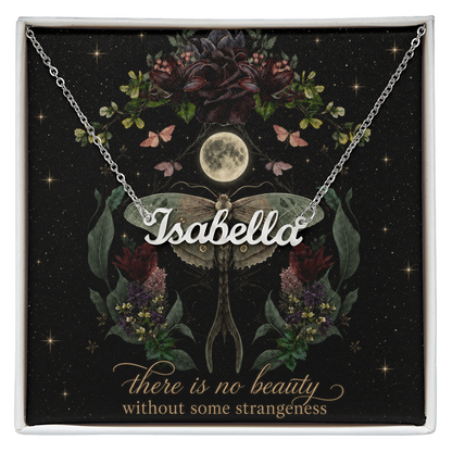 Night Garden With Lunar Moth Custom Name Polished Stainless Steel Necklace With Decorative Card And Box Book Lover Gift Font 1