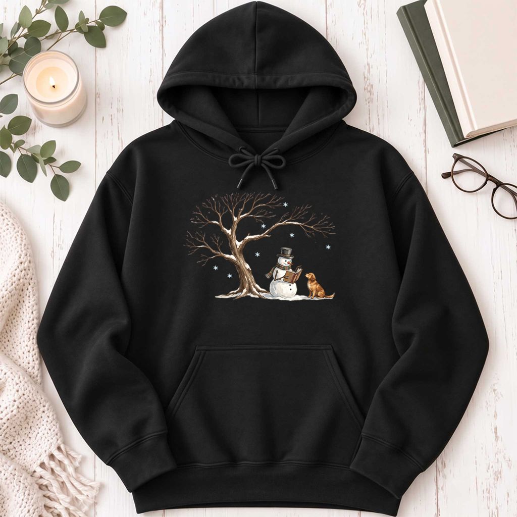 Golden Retriever And Snowman Under Tree Softstyle Hoodie | Christmas Reader Gift Black