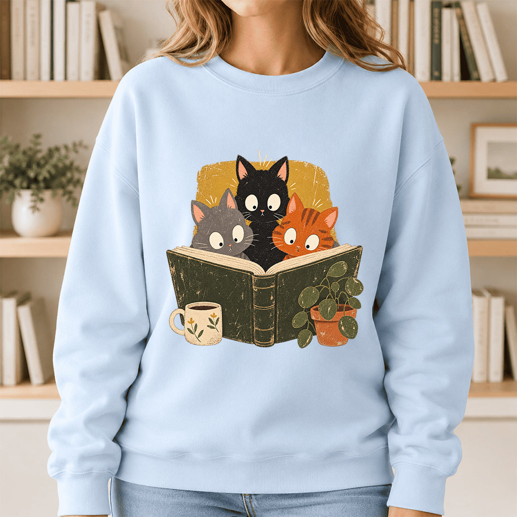 Minimal Japanese Cats Reading Crewneck Sweatshirt | Reader Gift Light Blue