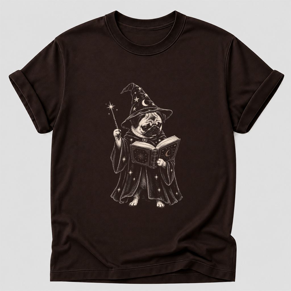 Cute Pug Witch Reading Book Printed T-Shirt | Halloween Book & Dog Lover Gift Dark Chocolate