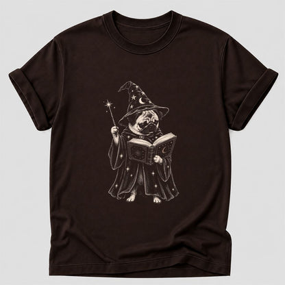 Cute Pug Witch Reading Book Printed T-Shirt | Halloween Book & Dog Lover Gift Dark Chocolate