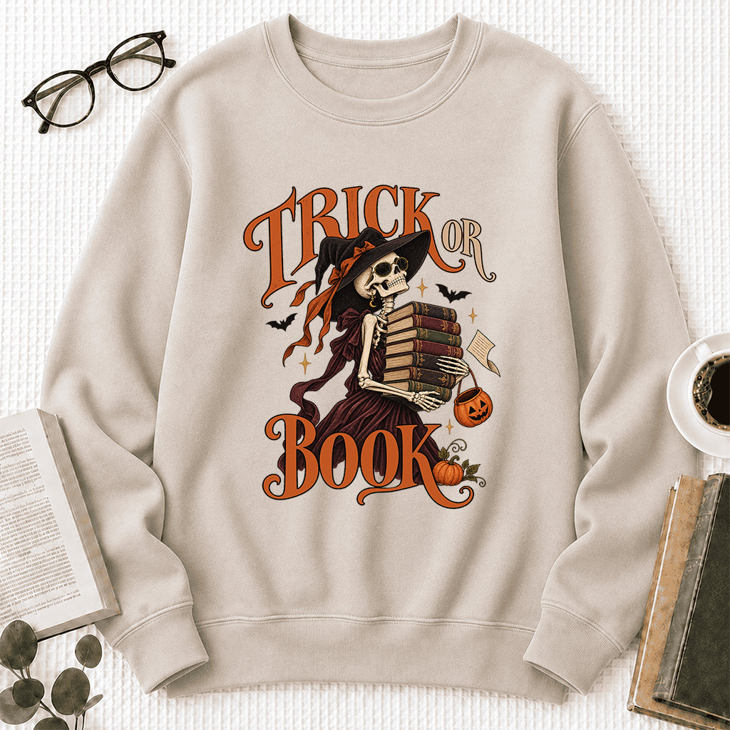 Trick Or Book Printed Sweatshirt | Halloween Book Lover Gift Sand