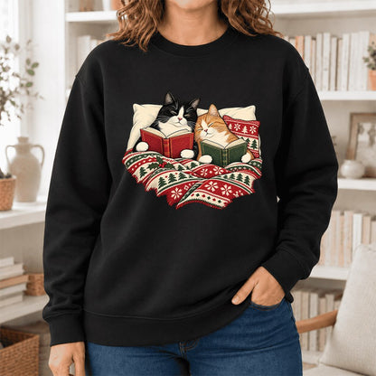 Christmas Reading Cat Couple Softstyle Sweatshirt | Cozy Christmas Gift Black