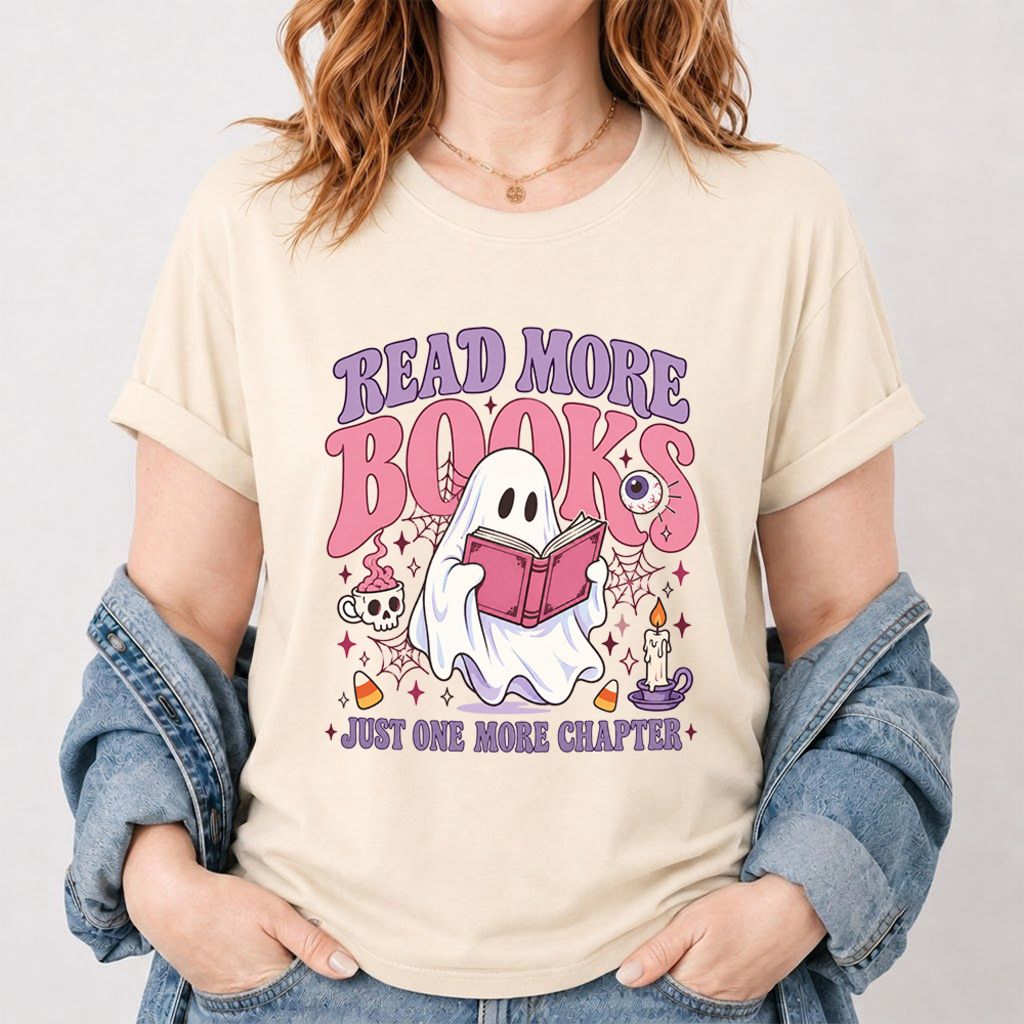Read More Books Ghost Printed T-Shirt | Halloween Book Lover Gift Natural