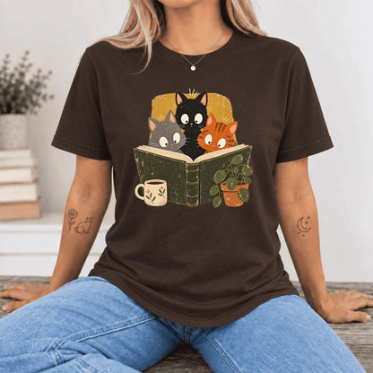 Curious Reading Cats Ultra-Soft Cotton T-Shirt | Cat Lover Reader Gift Brown