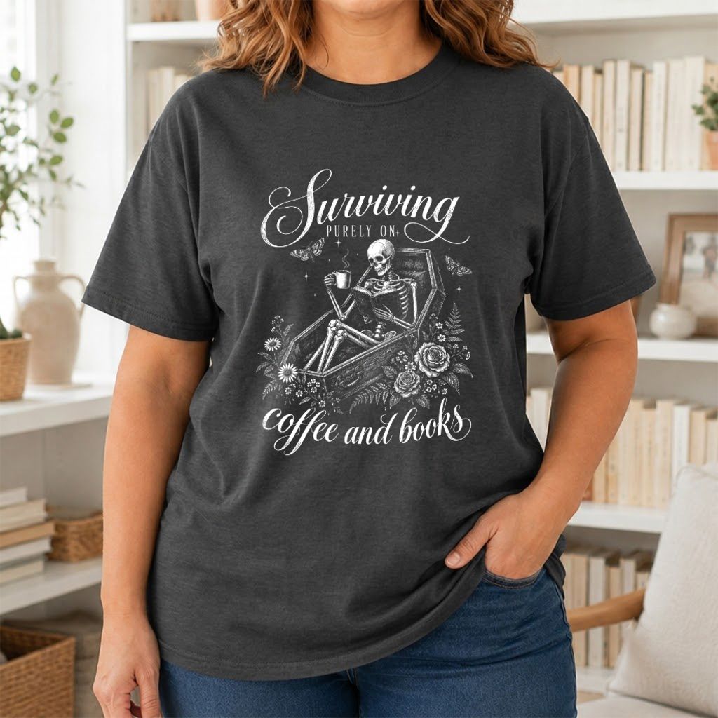 Surviving Purely On Coffee And Books Printed T-Shirt | Halloween Book Lover Gift Dark Heather